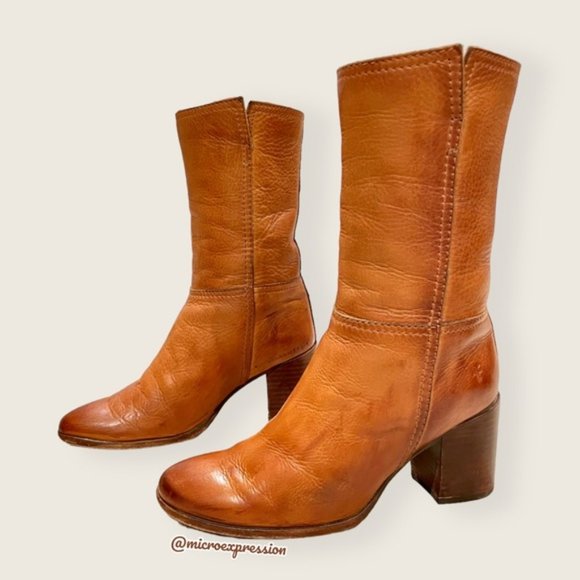 $399 Frye Nora Mid Calf Pull On Cognac Leather Heeled Fall/Winter Ankle Bootie - Picture 14 of 14